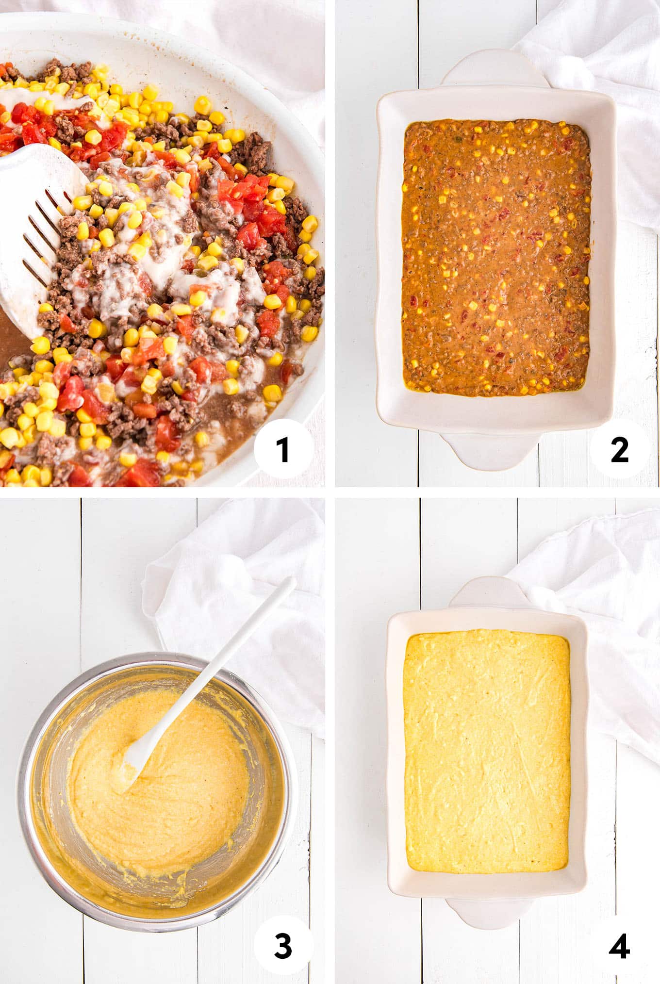 Process shots of how to make mexican cornbread casserole. 