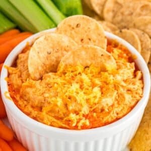 Bowl of crockpot buffalo chicken dip.