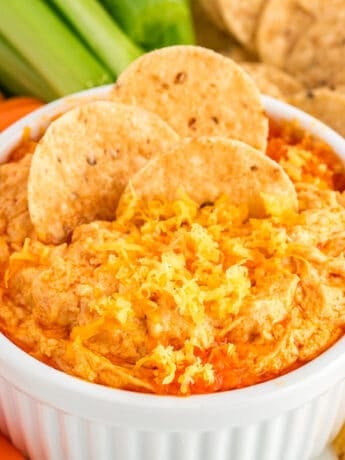 Bowl of crockpot buffalo chicken dip.