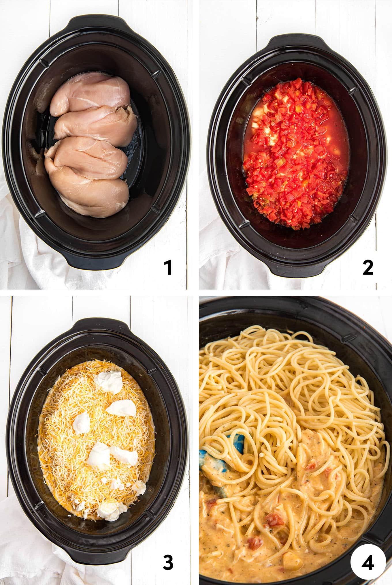 Step by step instructions for crockpot chicken spaghetti. 