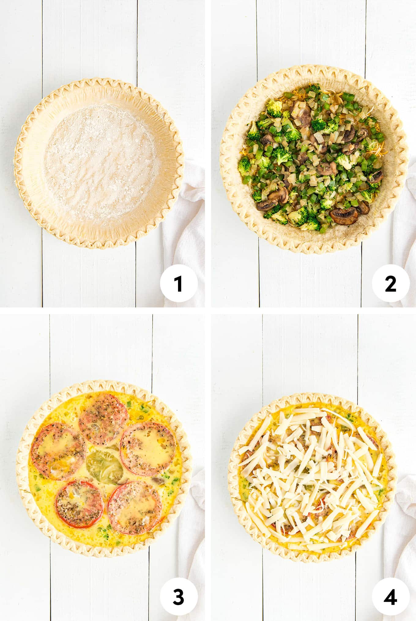 Step-by-step process shots for veggie quiche.