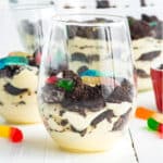 Individual cup with prepared Oreo dirt cake inside.