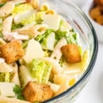 Prepared chicken caesar pasta salad.